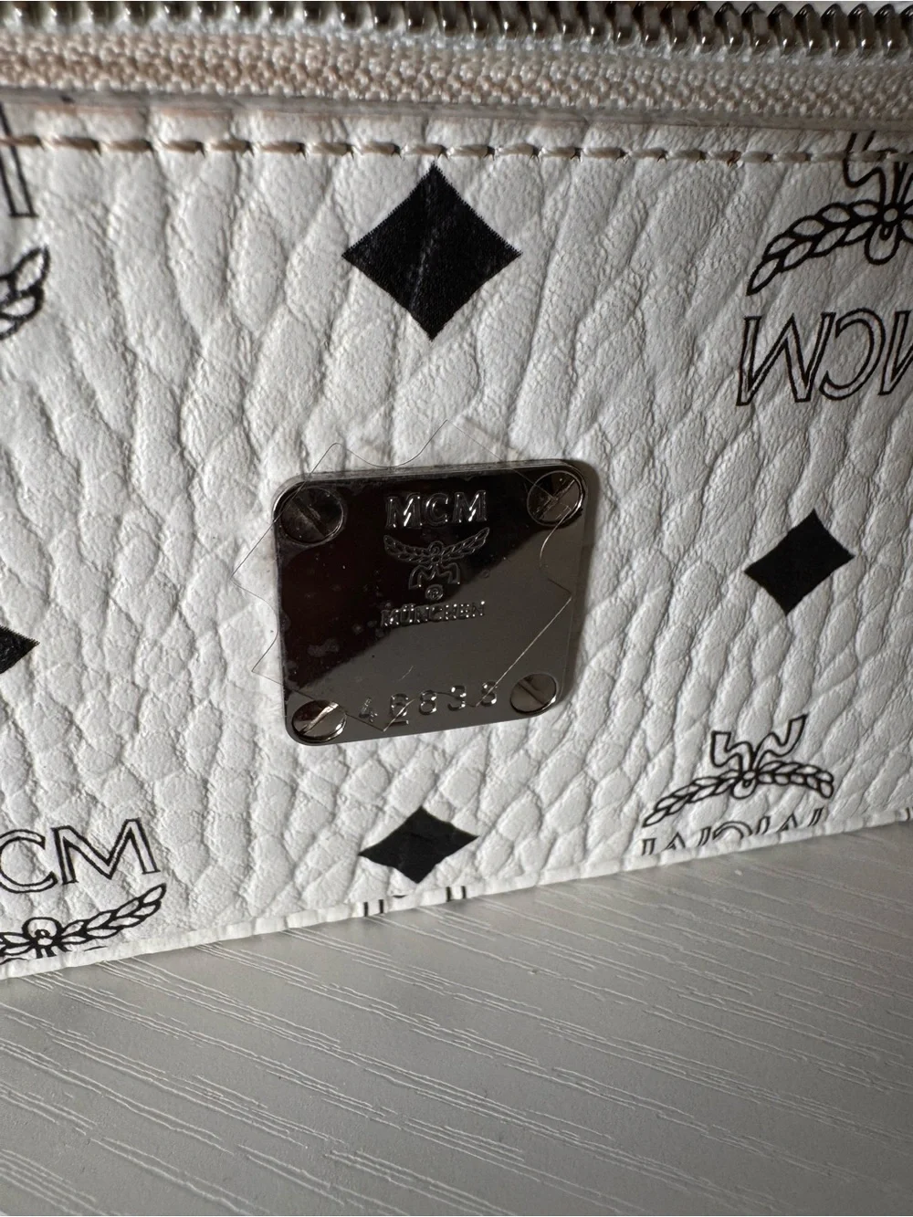 MCM White Logo Print Vanity Case with Silver Hardware